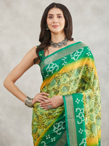 Women's Mustard & Green Silk Blend Bandhani Printed Printed Saree with Blouse Piece