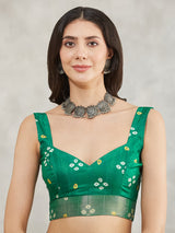 Women's Mustard & Green Silk Blend Bandhani Printed Printed Saree with Blouse Piece