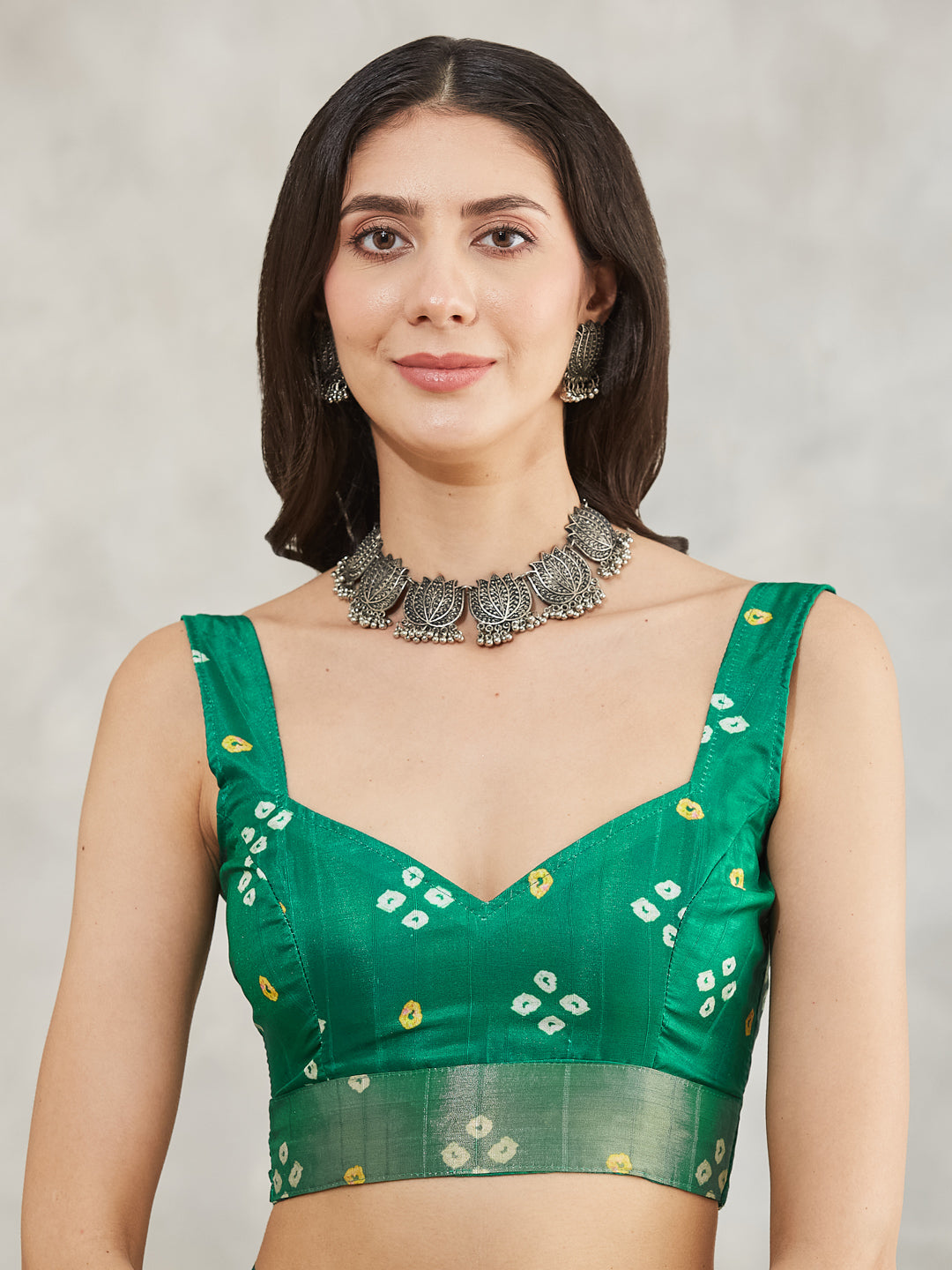 Women's Mustard & Green Silk Blend Bandhani Printed Printed Saree with Blouse Piece