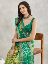 Women's Mustard & Green Silk Blend Bandhani Printed Printed Saree with Blouse Piece