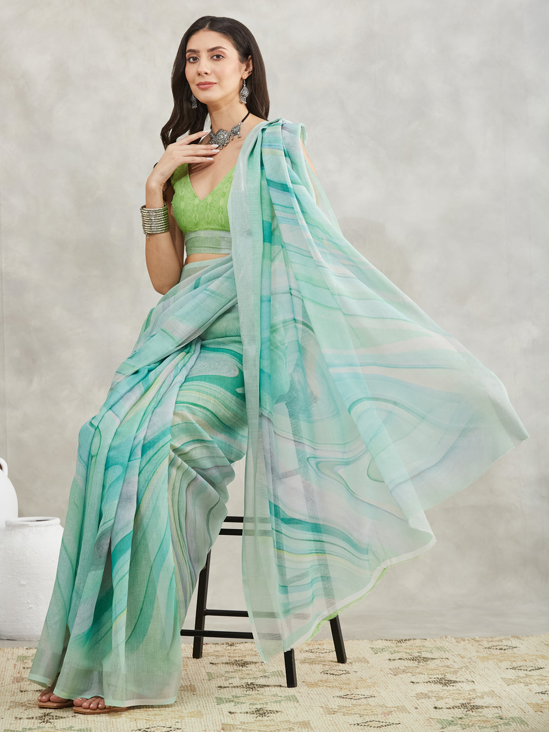 Women's Sea Green Linen Blend Abstract Printed Printed Saree with Blouse Piece