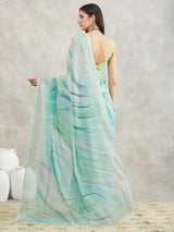 Women's Sea Green Linen Blend Abstract Printed Printed Saree with Blouse Piece