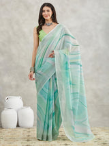 Women's Sea Green Linen Blend Abstract Printed Printed Saree with Blouse Piece