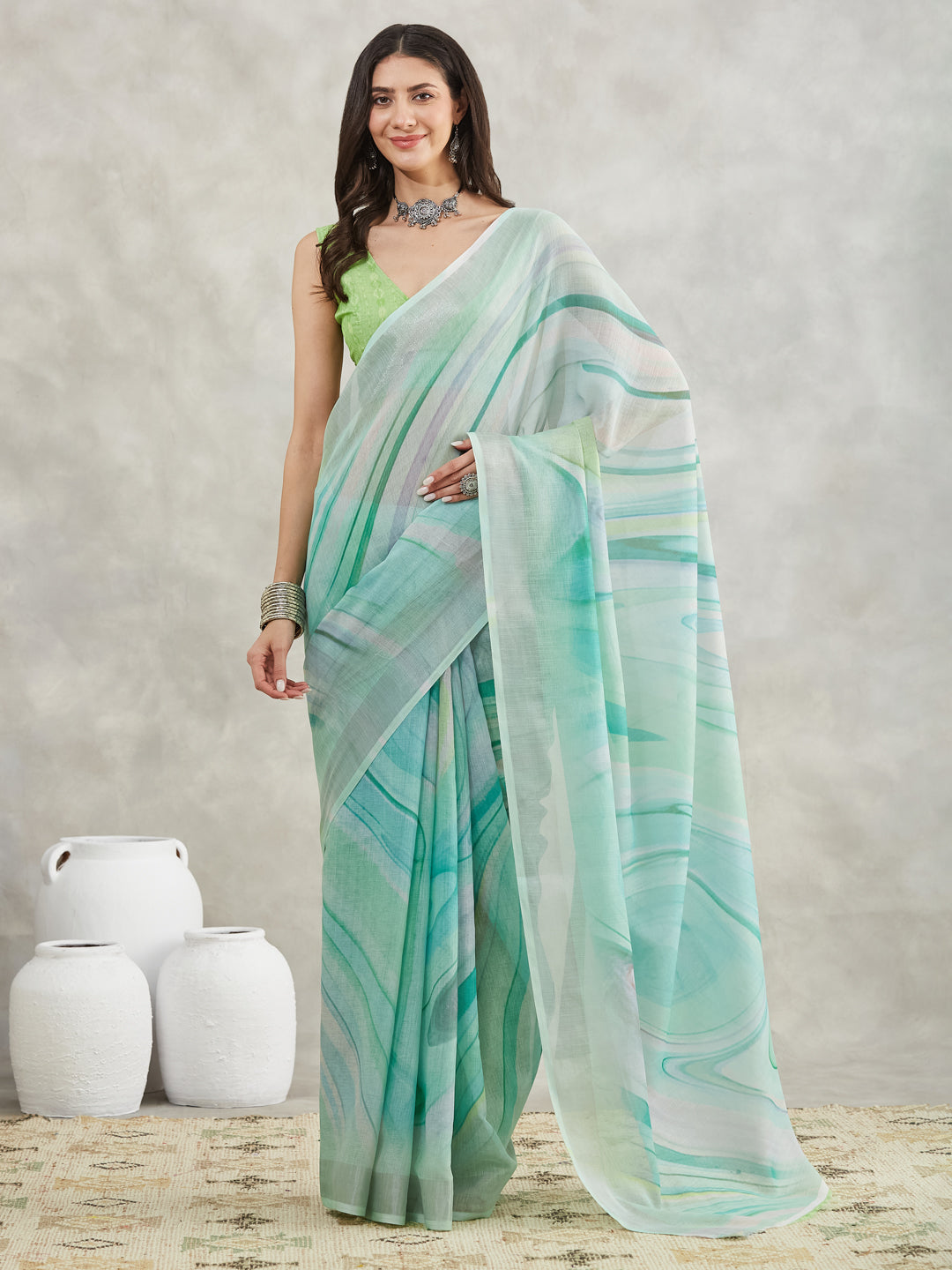 Women's Sea Green Linen Blend Abstract Printed Printed Saree with Blouse Piece