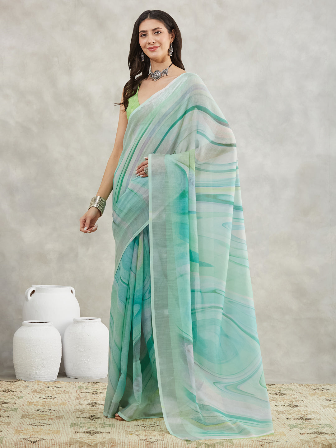Women's Sea Green Linen Blend Abstract Printed Printed Saree with Blouse Piece