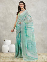 Women's Sea Green Linen Blend Abstract Printed Printed Saree with Blouse Piece