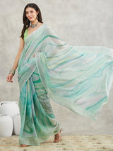 Women's Sea Green Linen Blend Abstract Printed Printed Saree with Blouse Piece