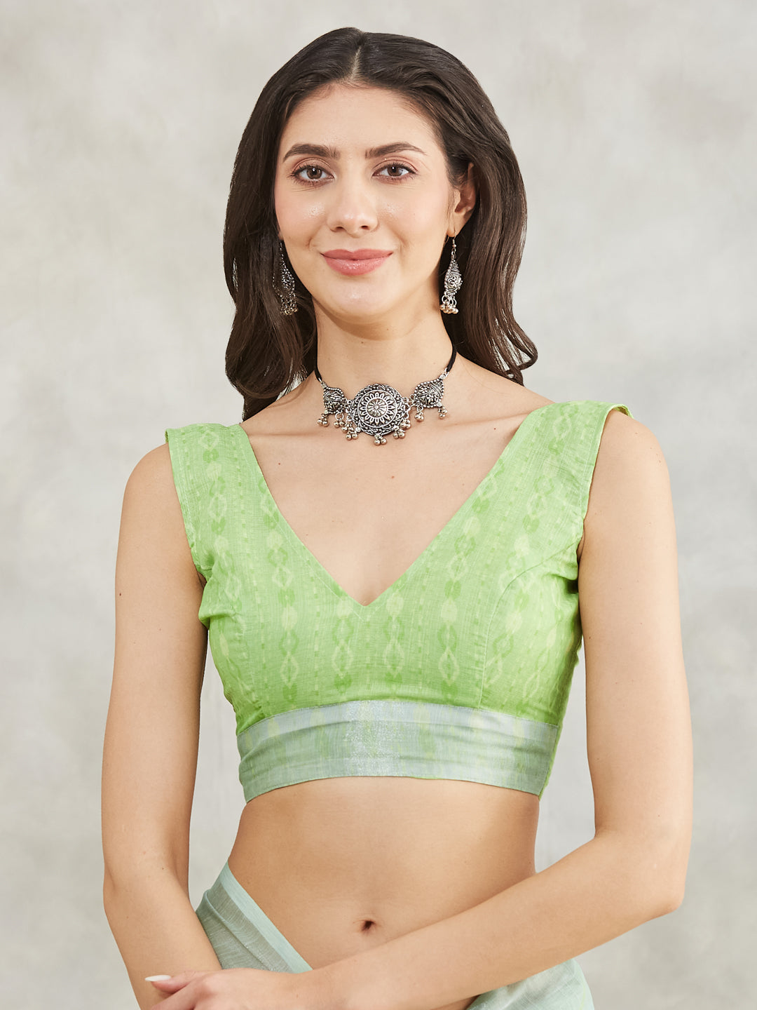 Women's Sea Green Linen Blend Abstract Printed Printed Saree with Blouse Piece