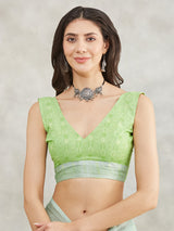 Women's Sea Green Linen Blend Abstract Printed Printed Saree with Blouse Piece