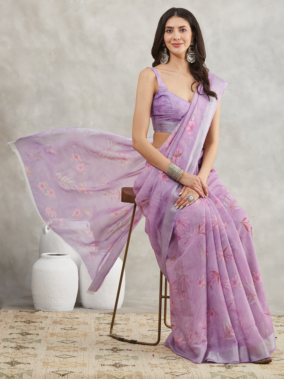 Women's Lavender Linen Blend Floral Printed Printed Saree with Blouse Piece