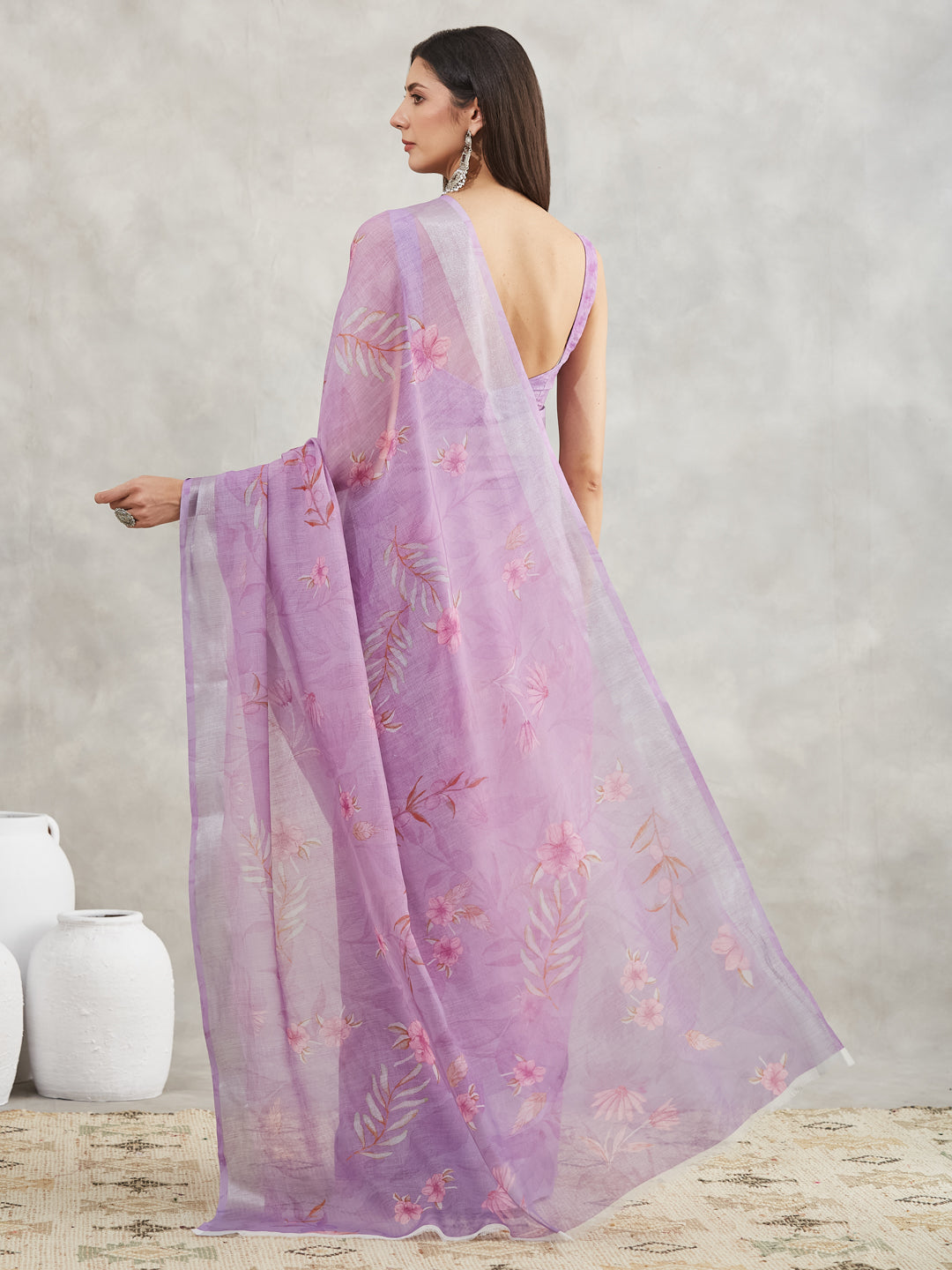 Women's Lavender Linen Blend Floral Printed Printed Saree with Blouse Piece