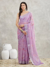 Women's Lavender Linen Blend Floral Printed Printed Saree with Blouse Piece