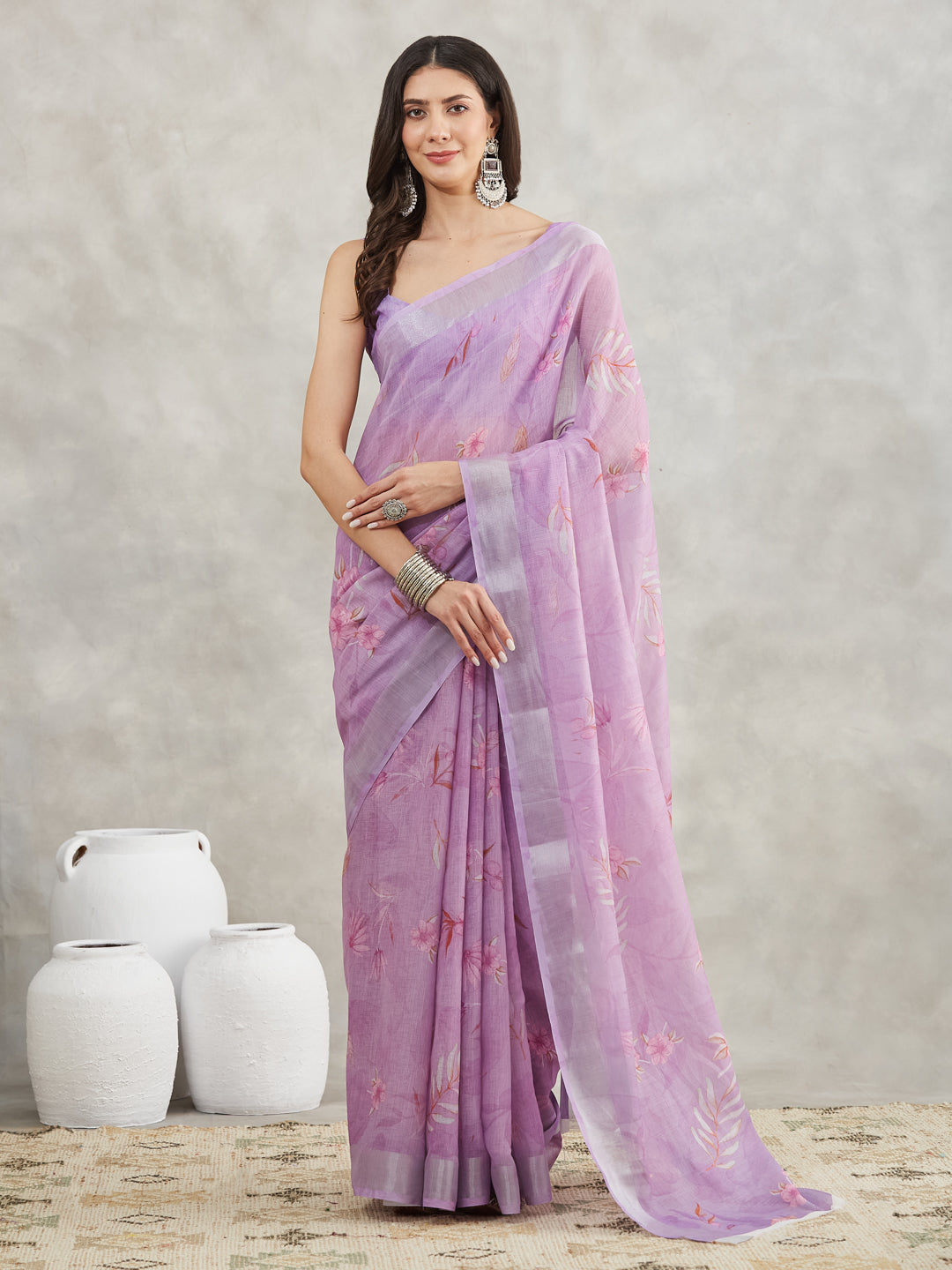 Women's Lavender Linen Blend Floral Printed Printed Saree with Blouse Piece