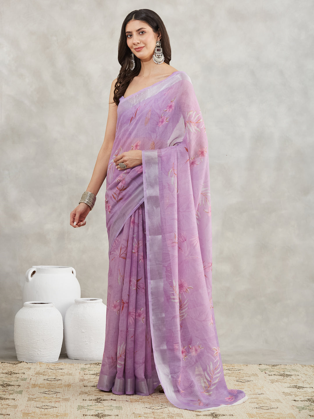 Women's Lavender Linen Blend Floral Printed Printed Saree with Blouse Piece