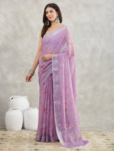 Women's Lavender Linen Blend Floral Printed Printed Saree with Blouse Piece