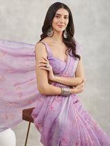 Women's Lavender Linen Blend Floral Printed Printed Saree with Blouse Piece