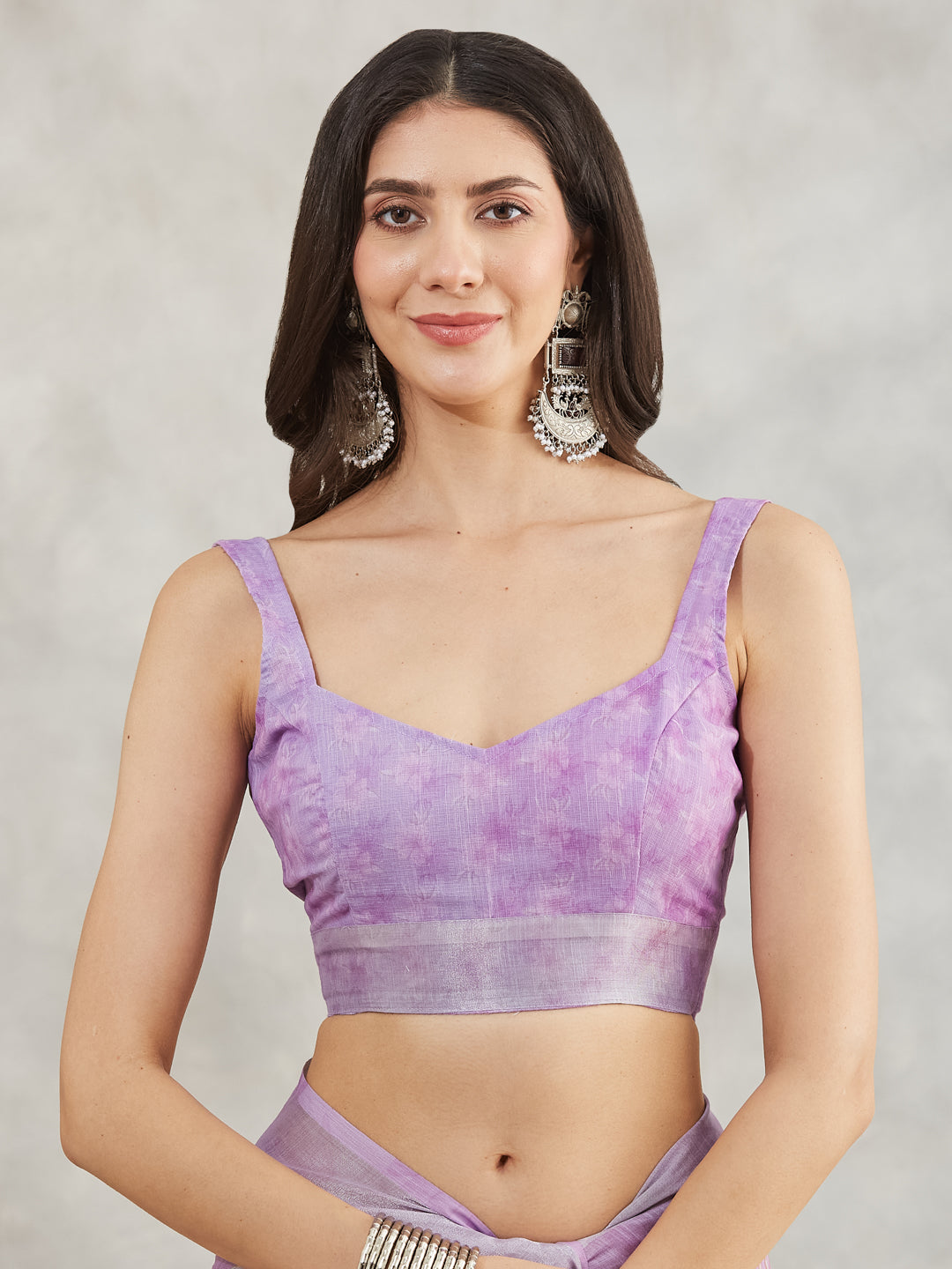 Women's Lavender Linen Blend Floral Printed Printed Saree with Blouse Piece