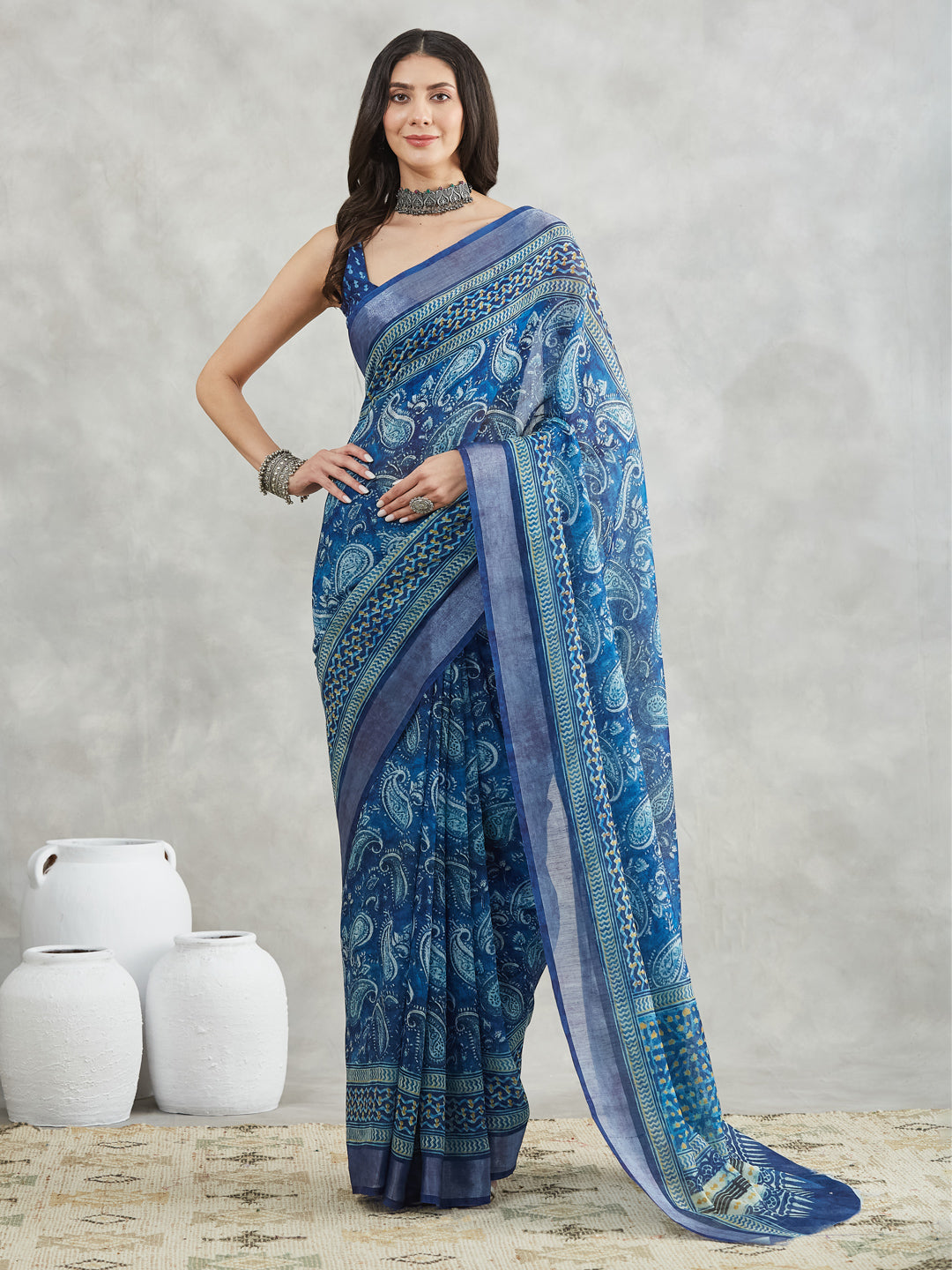 Women's Blue Linen Blend Paisley Printed Printed Saree with Blouse Piece