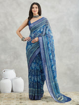 Women's Blue Linen Blend Paisley Printed Printed Saree with Blouse Piece
