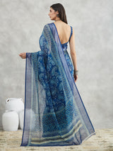 Women's Blue Linen Blend Paisley Printed Printed Saree with Blouse Piece