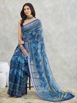Women's Blue Linen Blend Paisley Printed Printed Saree with Blouse Piece
