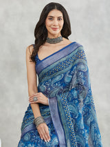 Women's Blue Linen Blend Paisley Printed Printed Saree with Blouse Piece