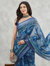 Women's Blue Linen Blend Paisley Printed Printed Saree with Blouse Piece
