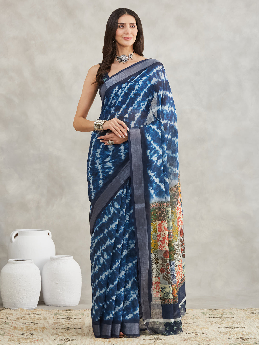 Women's Indigo Linen Blend Tie & Dye Printed Printed Saree with Blouse Piece