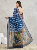 Women's Indigo Linen Blend Tie & Dye Printed Printed Saree with Blouse Piece