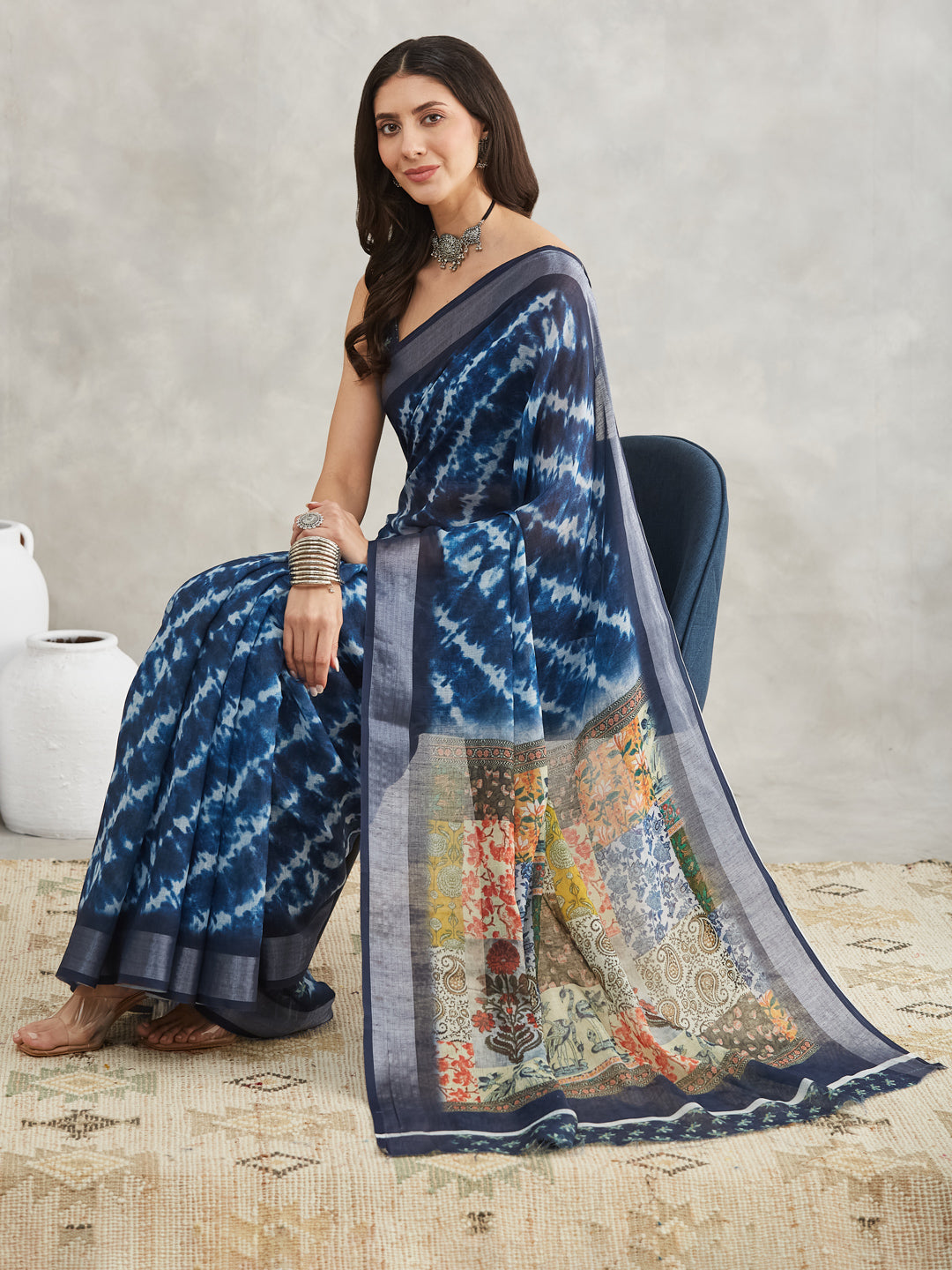 Women's Indigo Linen Blend Tie & Dye Printed Printed Saree with Blouse Piece