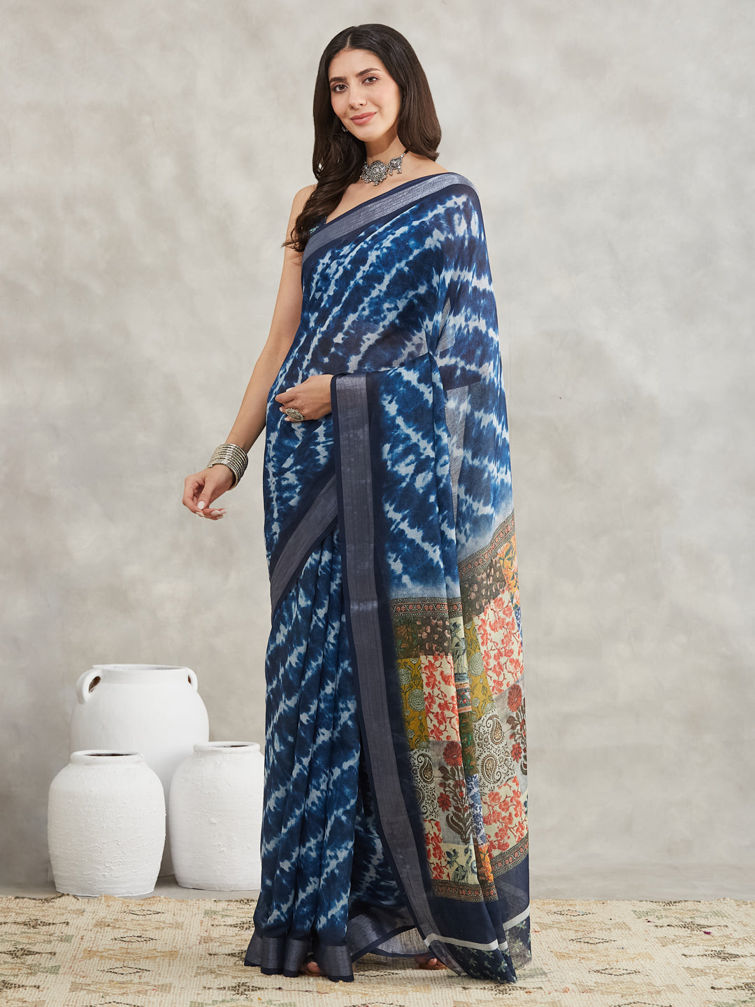 Women's Indigo Linen Blend Tie & Dye Printed Printed Saree with Blouse Piece