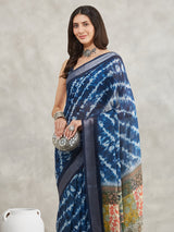 Women's Indigo Linen Blend Tie & Dye Printed Printed Saree with Blouse Piece