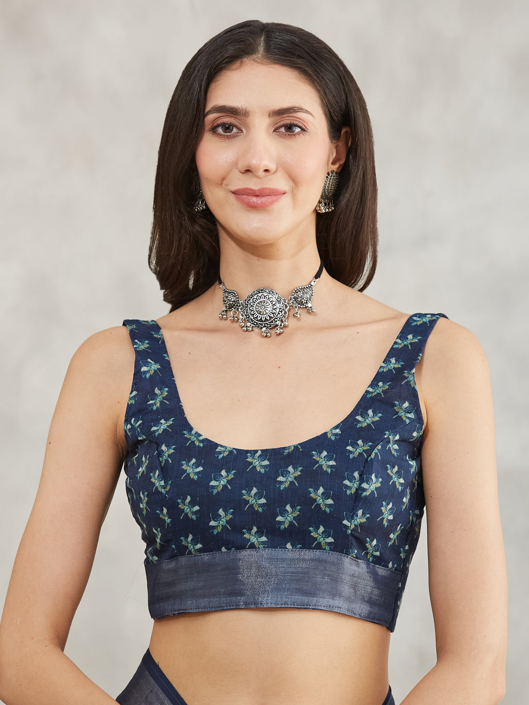 Women's Indigo Linen Blend Tie & Dye Printed Printed Saree with Blouse Piece