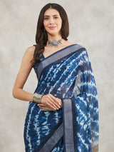 Women's Indigo Linen Blend Tie & Dye Printed Printed Saree with Blouse Piece