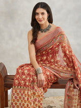 Women's Rust Linen Blend Batik Printed Printed Saree with Blouse Piece