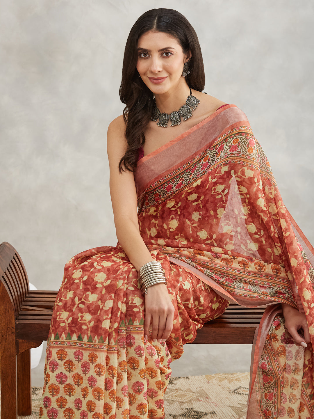 Women's Rust Linen Blend Batik Printed Printed Saree with Blouse Piece