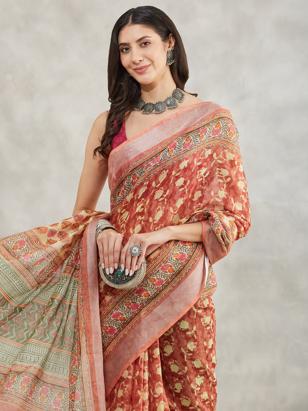 Women's Rust Linen Blend Batik Printed Printed Saree with Blouse Piece