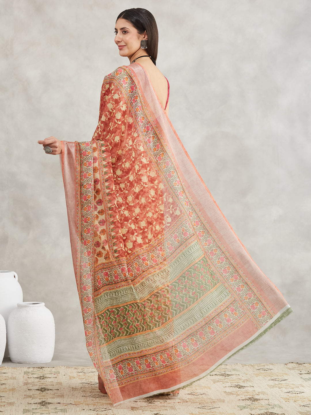 Women's Rust Linen Blend Batik Printed Printed Saree with Blouse Piece