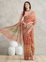 Women's Rust Linen Blend Batik Printed Printed Saree with Blouse Piece