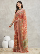 Women's Rust Linen Blend Batik Printed Printed Saree with Blouse Piece