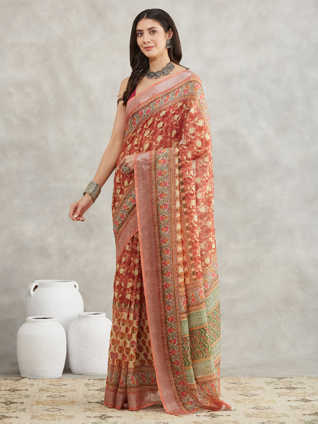 Women's Rust Linen Blend Batik Printed Printed Saree with Blouse Piece