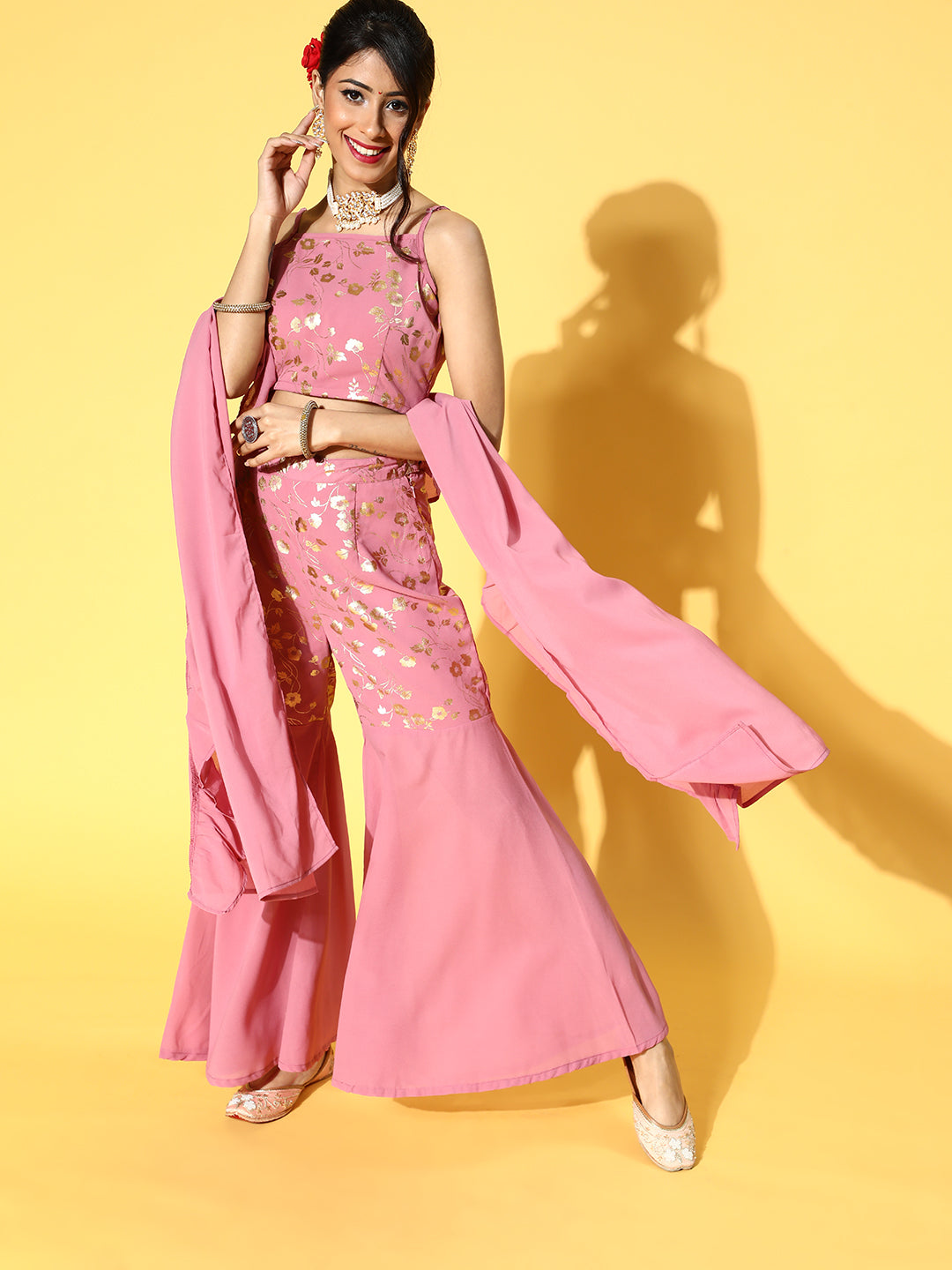 Pink Foil Printed Co Ord Set with Dupatta