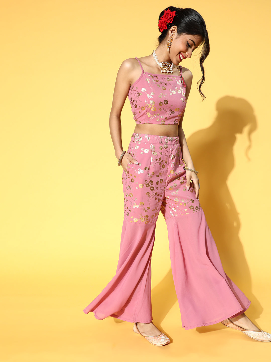 Pink Foil Printed Co Ord Set with Dupatta