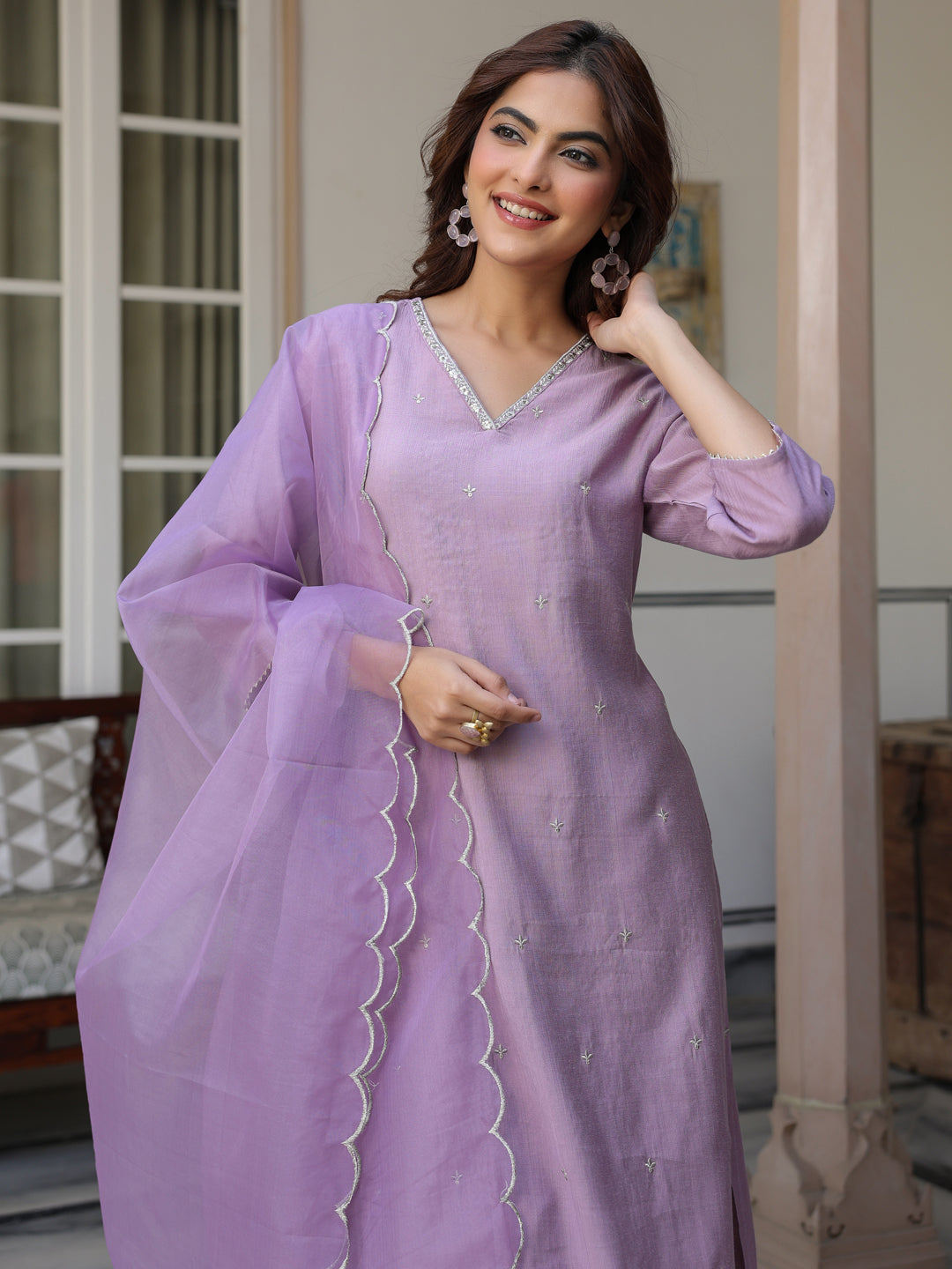 Women's Lavender Chinon Embellished Kurta with Pant and Dupatta