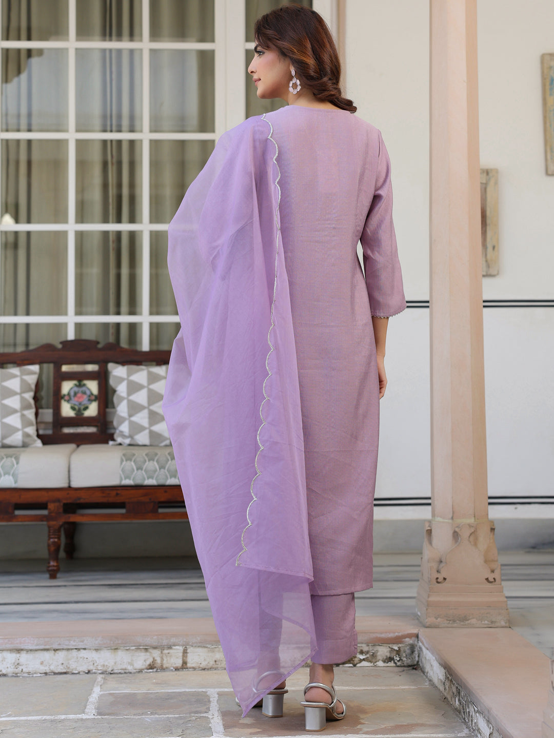 Women's Lavender Chinon Embellished Kurta with Pant and Dupatta