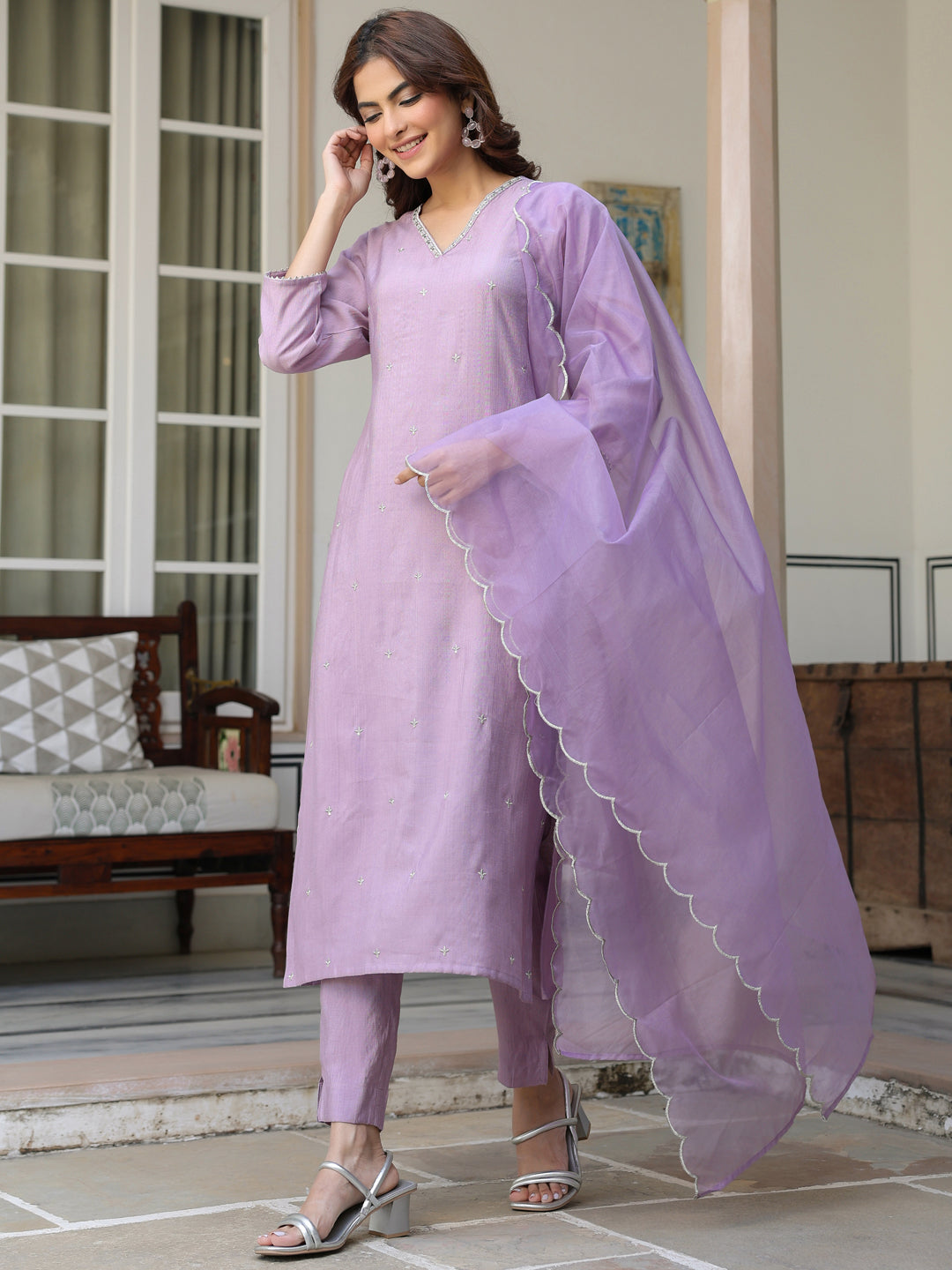 Women's Lavender Chinon Embellished Kurta with Pant and Dupatta