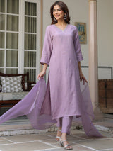 Women's Lavender Chinon Embellished Kurta with Pant and Dupatta
