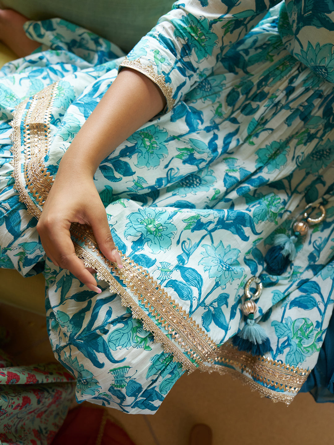 White Cotton Floral Printed Short Kurta with Sharara and Dupatta