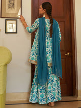 White Cotton Floral Printed Short Kurta with Sharara and Dupatta