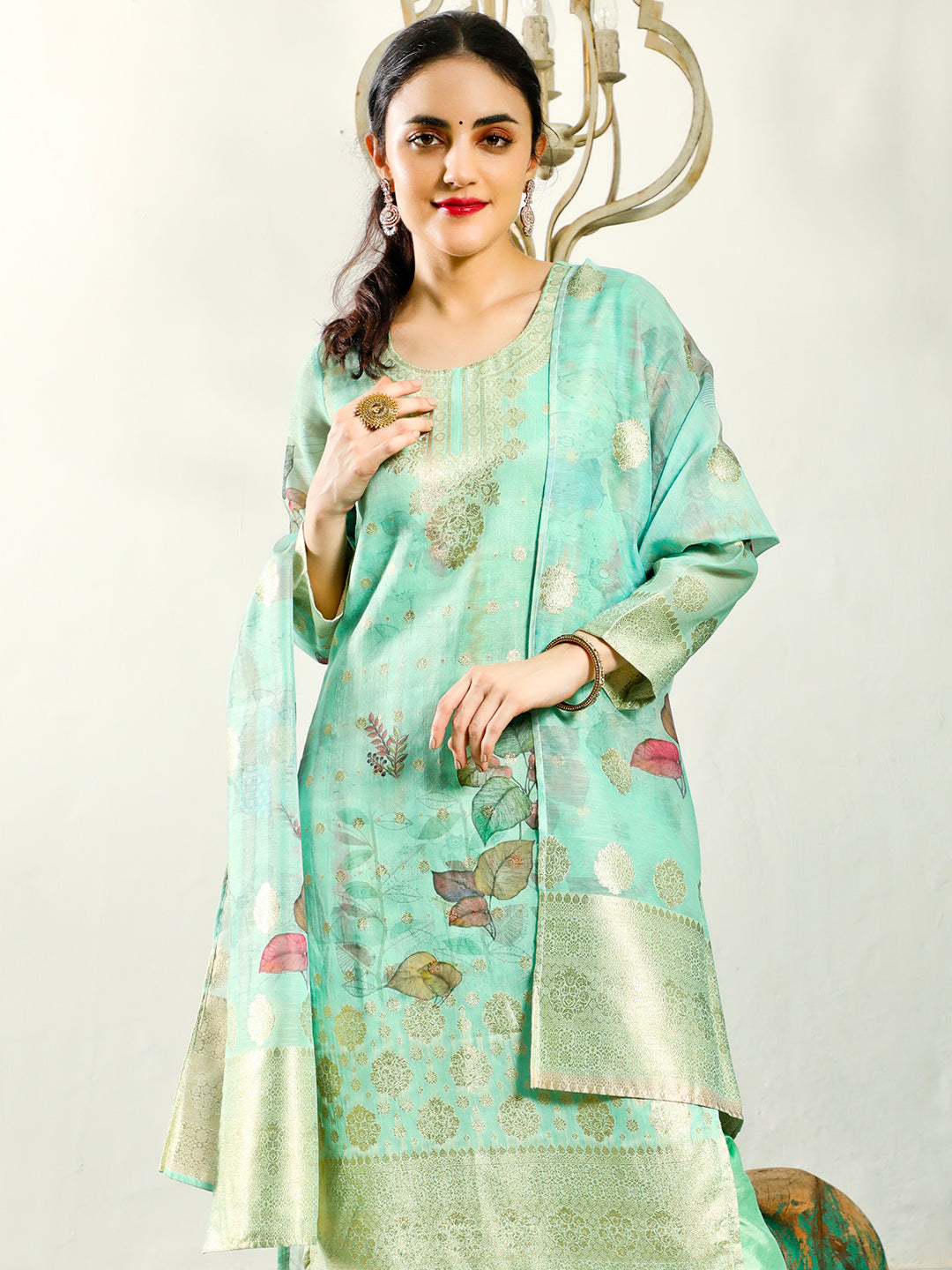 Green Chanderi Jacquard Kurta set with Dupatta